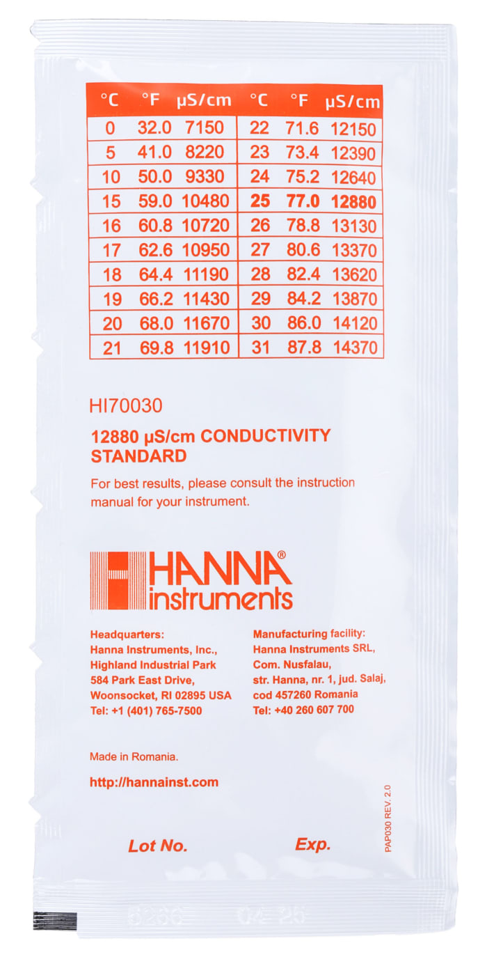 Hanna Instruments ลารละลายมาตรฐาน Standard solution 12880 uS/cm แบบซอง 20 ml
