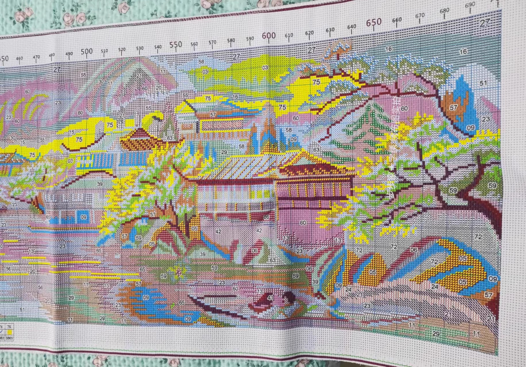 view-1122 *สินค้าหมด* ชุดปักครอสติช ลายสองฝั่งแม่น้ำ (ปักเต็มผืนผ้า ไม่มีเดินเส้น ผ้า11CTพิมพ์ลาย ปัก 3 เส้นเล็ก) ขนาด 175*45 ซม.ผ้าครอสติช 11CTพิมพ์ลายปักบนผ้า ไหมคอตตอน 75 สี ผังลาย เข็ม