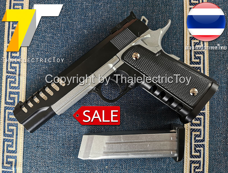 ปืนอัดลมเหล็ก K6 สีทูโทน ชักยิงทีล่ะนัด ลำกล้องยาว 7.5 นิ้ว หนัก 497 กรัม ใช้ลูกกระสุนพลาสติก 6 มิล