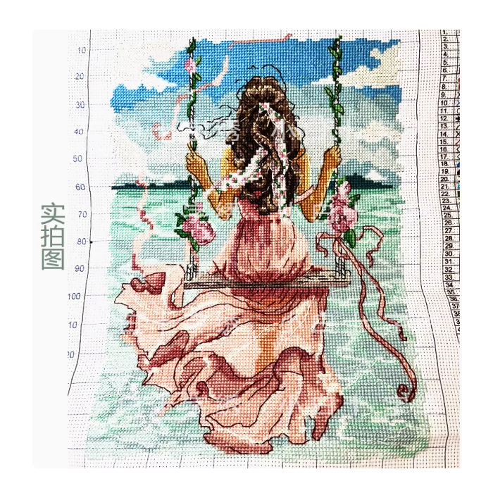 lady-1127 *สินค้าหมด* ชุดปักครอสติช ลายชิงช้าริมทะเล (ผ้า14CTพิมพ์ลาย ปัก 2 เส้นเล็ก) ขนาด 27*34 ซม.ผ้าครอสติช 14CTพิมพ์ลายปักบนผ้า ไหมคอตตอน 41 สี ผังลาย เข็ม