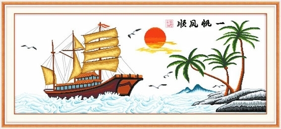 boat-1003 *พร้อมส่ง* ชุดปักครอสติช ลายล่องเรือสำเภา (ผ้า11CTพิมพ์ลาย ปัก 3 เส้นเล็ก) ขนาด 135*63 ซม.ผ้าครอสติช 11CTพิมพ์ลายปักบนผ้า+ไหมคอตตอน 40 สี+ผังลาย+เข็ม