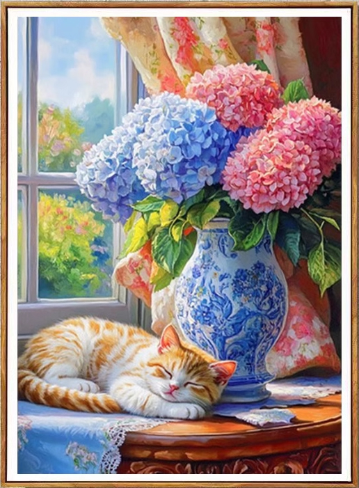 cat-1143 *สินค้าหมด* ชุดปักครอสติช ลายแมวน้อยไฮเดรนเยีย (ปักเต็มผืนผ้า ไม่มีเดินเส้น ผ้า11CT พิมพ์ลาย ปัก 3 เส้นเล็ก) ขนาด 50*70 ซม.ผ้าครอสติช 11CTพิมพ์ลายปักบนผ้า ไหมคอตตอน 41 สี ผังลาย เข็ม