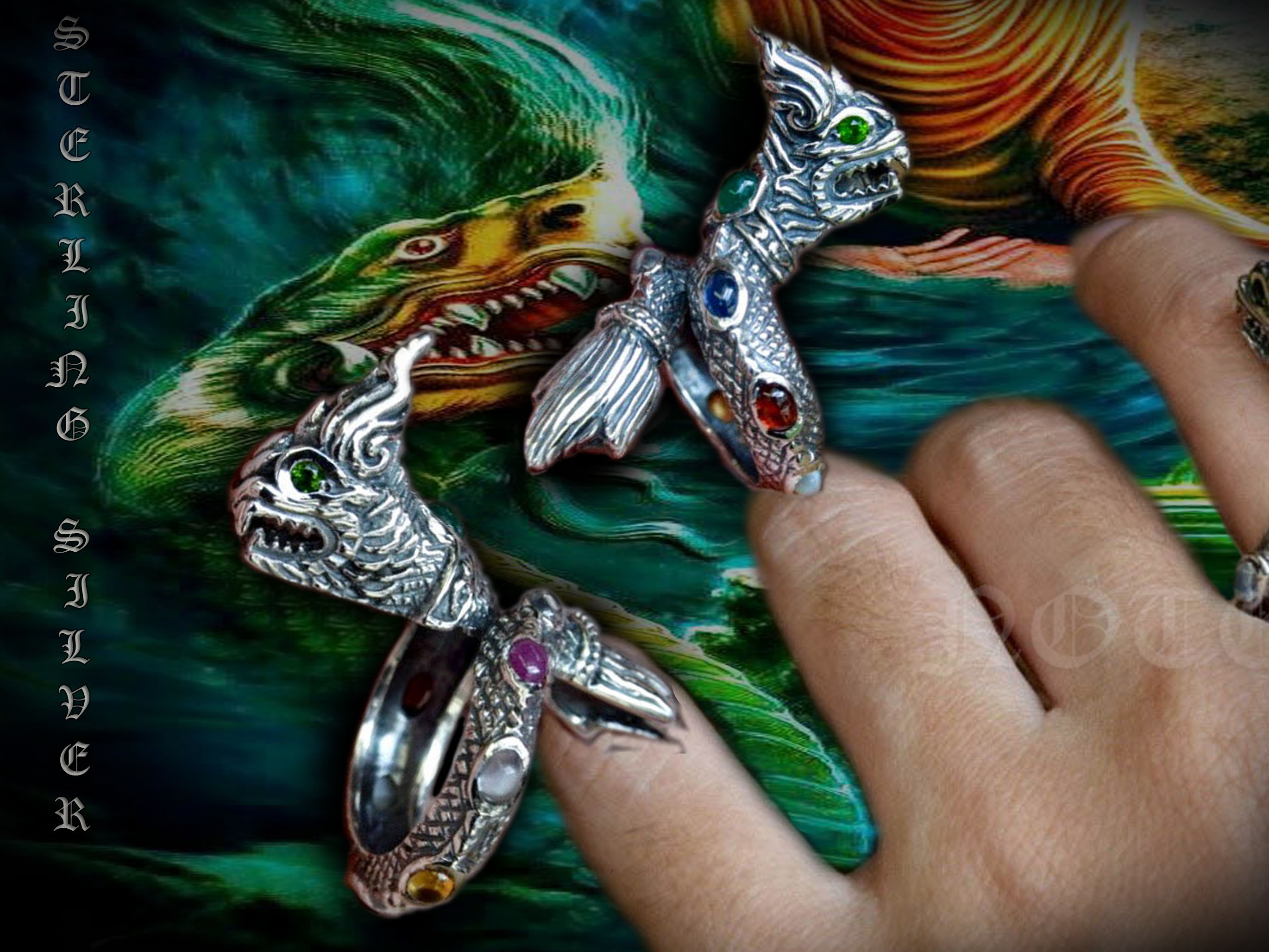 แหวนเงินแท้ลายพญานาคฝังพลอยนพเก้า พลอยแท้ sterling silver 92.5 NSRG2627