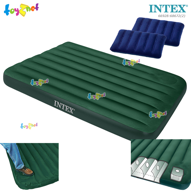 Intex Camping Airbed 4.5ft (Full) 1.37x1.91x0.22 m w/Built-in Foot Pump no.66928 + 2 Intex Pillows
