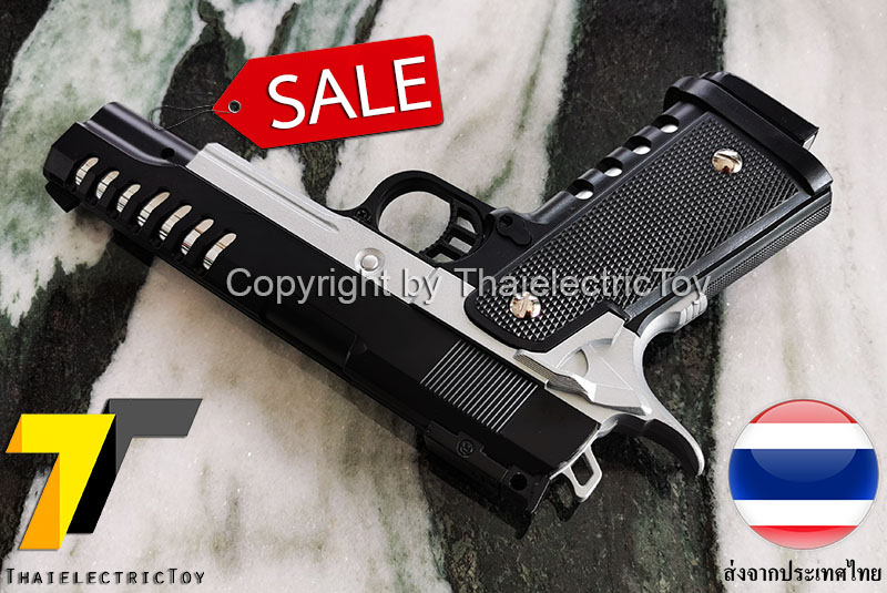 ปืนอัดลมเหล็ก K6 สีทูโทน ชักยิงทีล่ะนัด ลำกล้องยาว 7.5 นิ้ว หนัก 497 กรัม ใช้ลูกกระสุนพลาสติก 6 มิล
