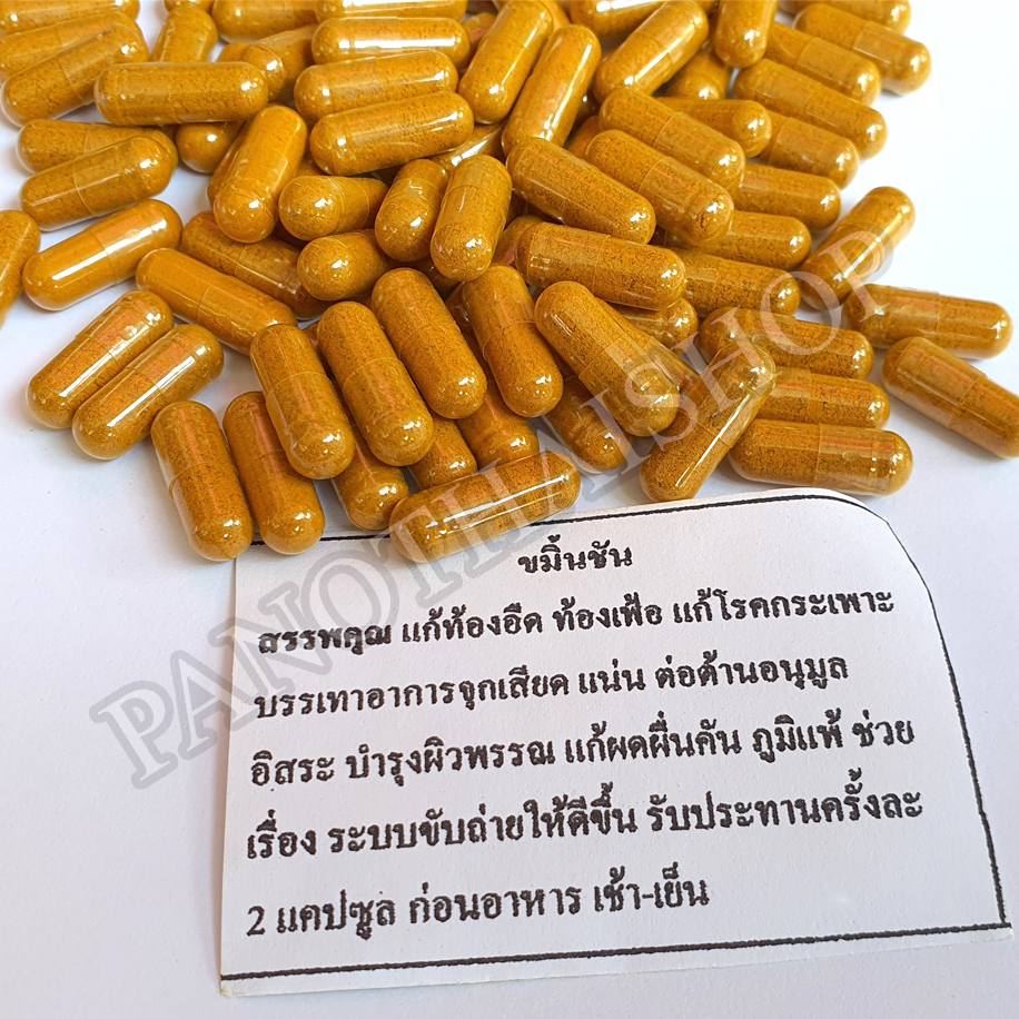 Turmeric Capsule ขมิ้นชัน 100% ชนิด 100 แคปซูล ลดกรดไหลย้อน ท้องอืด ท้องเฟ้อ สินค้าโอทอป สมุนไพรธรรมชาติ 100%