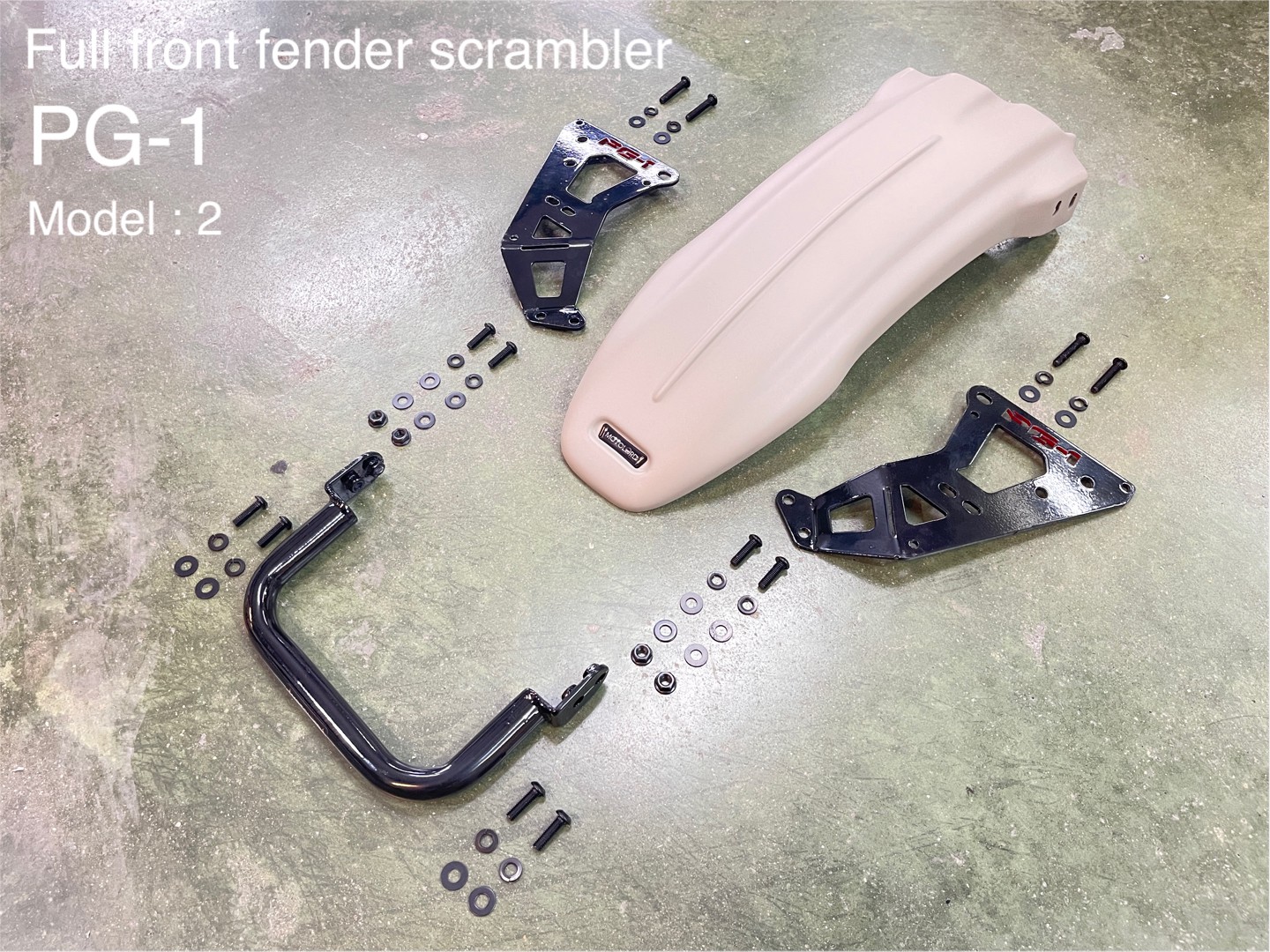 PG-1 1.) ครอบไฟหน้า Headlight cover. 1,590฿ 2.) ครอบไฟเบรค Rear brake light cover. 1,290฿ 3.) ชิวหน้า V1 Headbrand Windshield V1 1,590฿ 4.) กาบ อกบังหัวฉีด Side fairing cover. 1990฿ 5.) กันลาย V1 Mid frame protector. 1990฿ 6.) ชุดบังโคลนหน้าScrambler Full