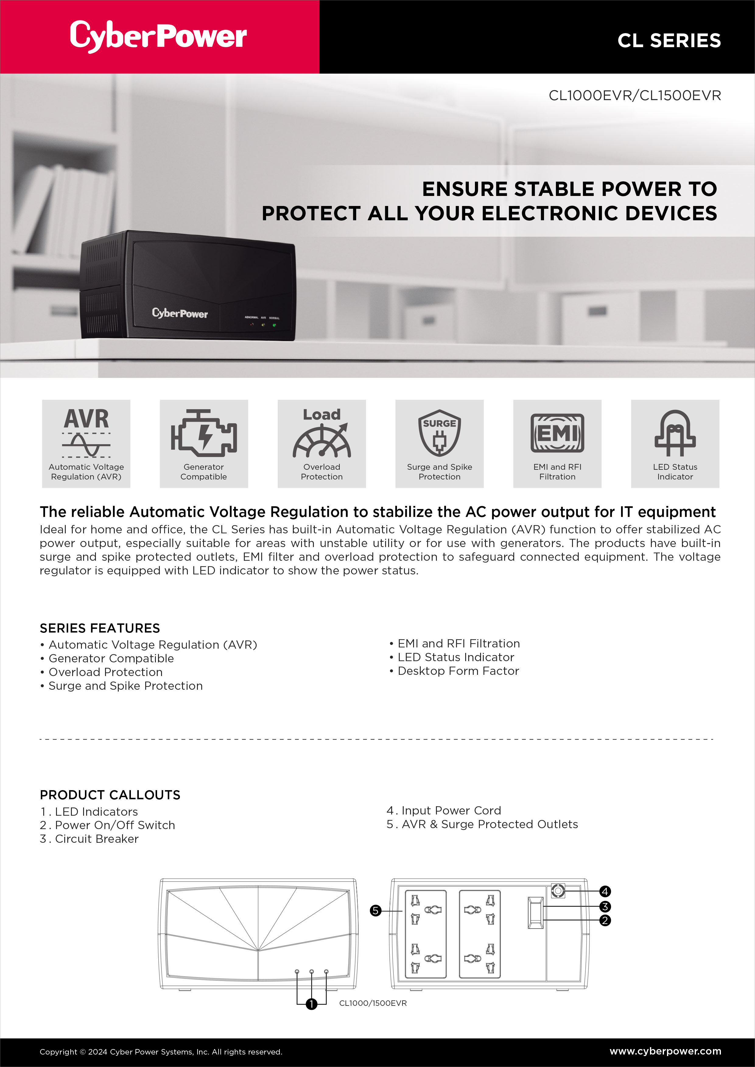 CYBERPOWER CL1500EVR : 1500VA / 1500W Voltage Regulator with Automatic Voltage Regulation (AVR) BY BILLIONAIRE SECURETECH CL1500EVR