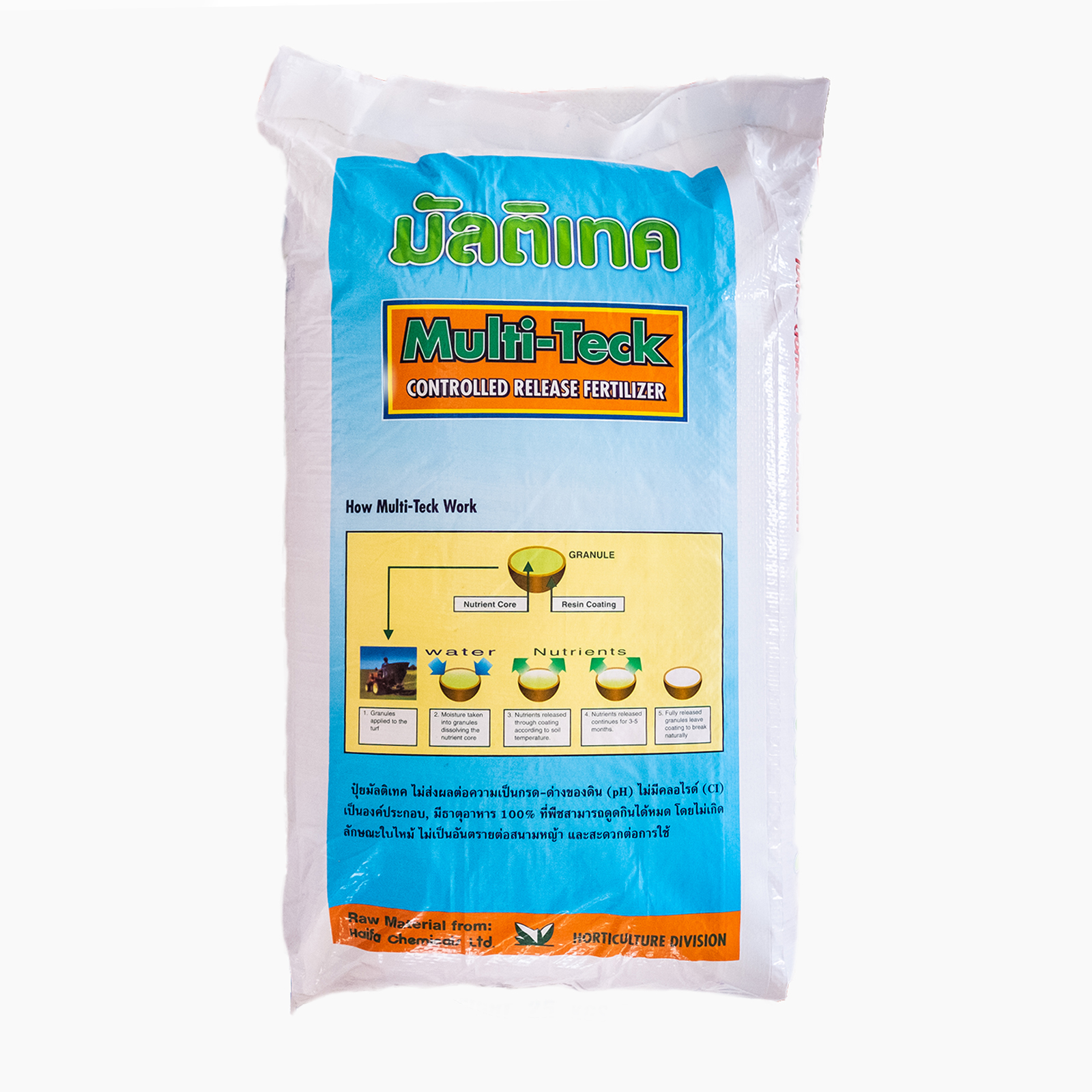 ปุ๋ยละลายช้า(เม็ดเคลือบ) ยี่ห้อ Haifa Multiteck ไฮฟา มัลติเทค สุตร 24-7-14 บำรุงการเจริญเติบโตระยะแรก เร่งการแตกหน่อแตกใบ (ค่อยๆ ละลายจนหมดภายใน 4 เดือน) บรรจุ 25 กิโลกรัม