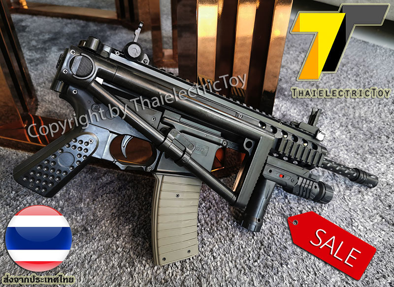 ปืนอัดลมพลาสติก P1977 ชักยิงทีล่ะนัด พับพานท้ายได้ หนัก 1.04 กก. ยาว 71 ซม. มีไฟฉาย
