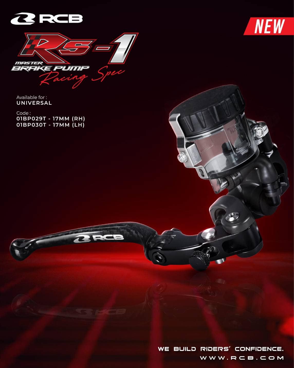 ปั๊ม RCB Racing Spec รหัส RS-1 ตัวปั๊มขนาด 17 mm พร้อมก้าน Carbon ราคาตัวละ 4,900.- คู่ละ 9,800.