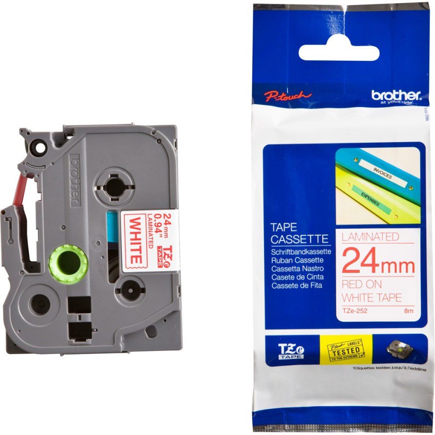 เทปพิมพ์อักษร BROTHER 24 mm. - อักษรแดงพื้นขาว TZE-252