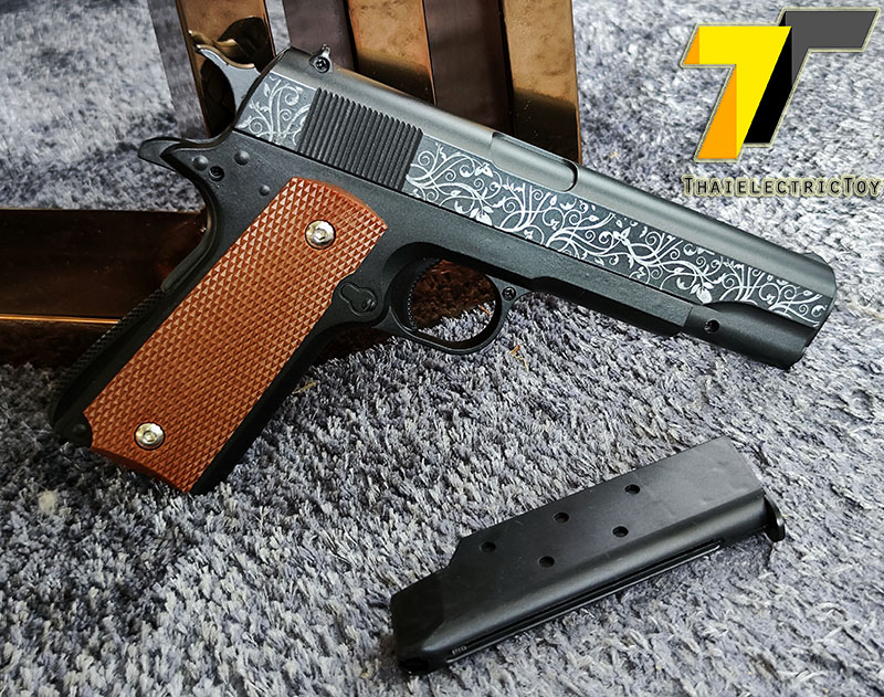 ปืนอัดลมเหล็ก Colt 1911 Limited Edition ชักยิงทีล่ะนัด ลำกล้องยาว 7.5 นิ้ว หนัก 491 กรัม ใช้ลูกกระสุนพลาสติก 6 มิล