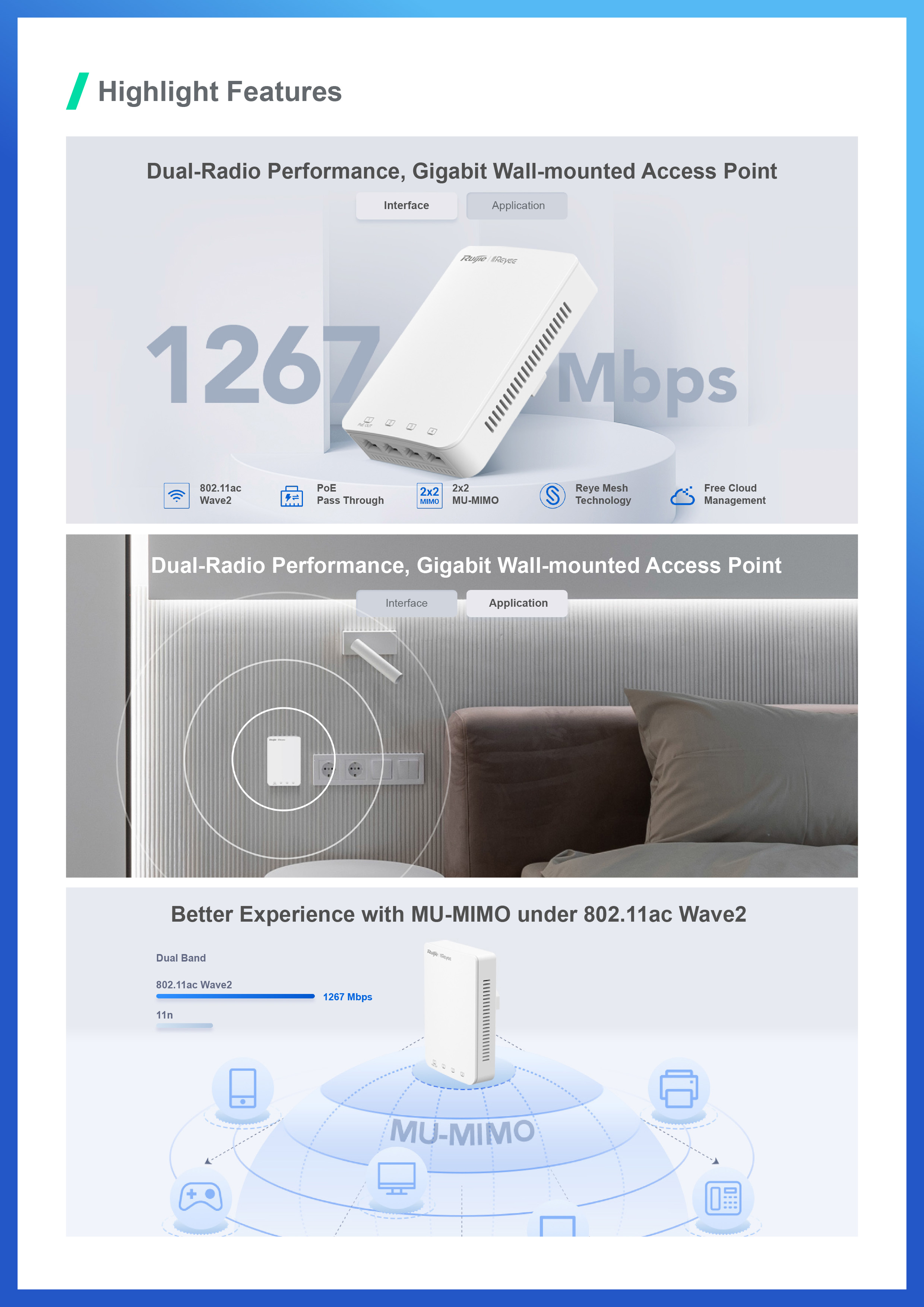 RUIJIE RG-RAP1200(P) WALL-MOUNTED ACCESS POINT Wi-Fi 5, 1267Mbps, 5*GE, PoE Passthrough BY BILLIONAIRE SECURETECH RG-RAP1200(P)