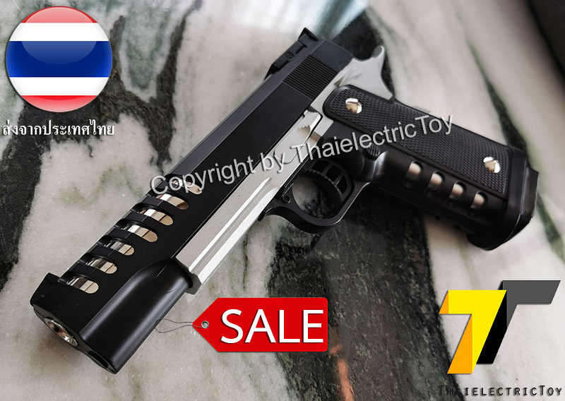 ปืนอัดลมเหล็ก K6 สีทูโทน ชักยิงทีล่ะนัด ลำกล้องยาว 7.5 นิ้ว หนัก 497 กรัม ใช้ลูกกระสุนพลาสติก 6 มิล