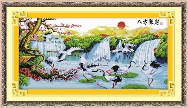 crane-1013 *สินค้าหมด* ชุดปักครอสติช ลายฝูงนกกระเรียนในป่าใหญ่ ขนาด 119*63 ซม. ผ้าครอสติช 11CTพิมพ์ลายปักบนผ้า ไหมคอตตอน 46 สี ผังลาย เข็ม
