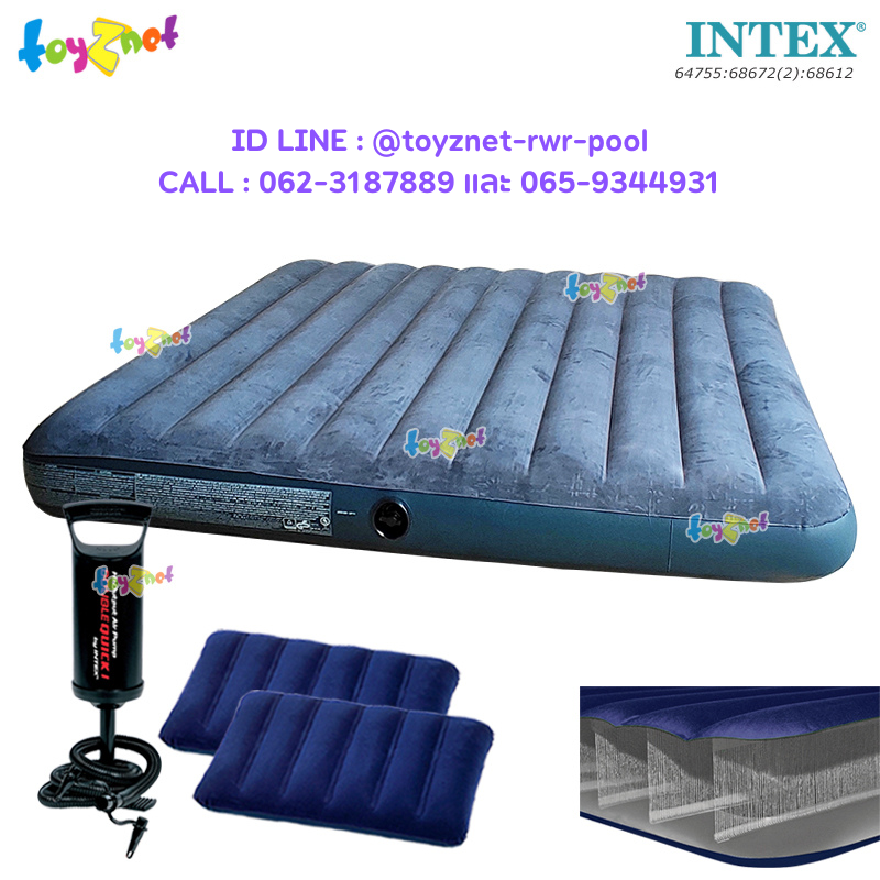 Intex New Structure - More Dura-Beam Fiber-Tech Airbed 6ft (King) 1.83x2.03x0.25 m no.64755 + 2 Pillows & DQI Air Pump