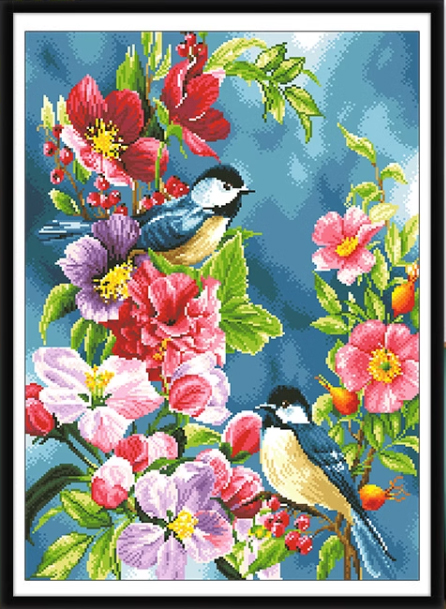 bird-1091 *สินค้าหมด* ชุดปักครอสติช ลายนกน้อยเกาะช่อดอกไม้ (งานปักเต็มลาย ไม่มีเดินเส้น) ปักครั้งละ 3 เส้นเล็ก ขนาด 50*70 ซม.ผ้าครอสติช 11CTพิมพ์ลายปักบนผ้า ไหมคอตตอน 41 สี ผังลาย เข็ม