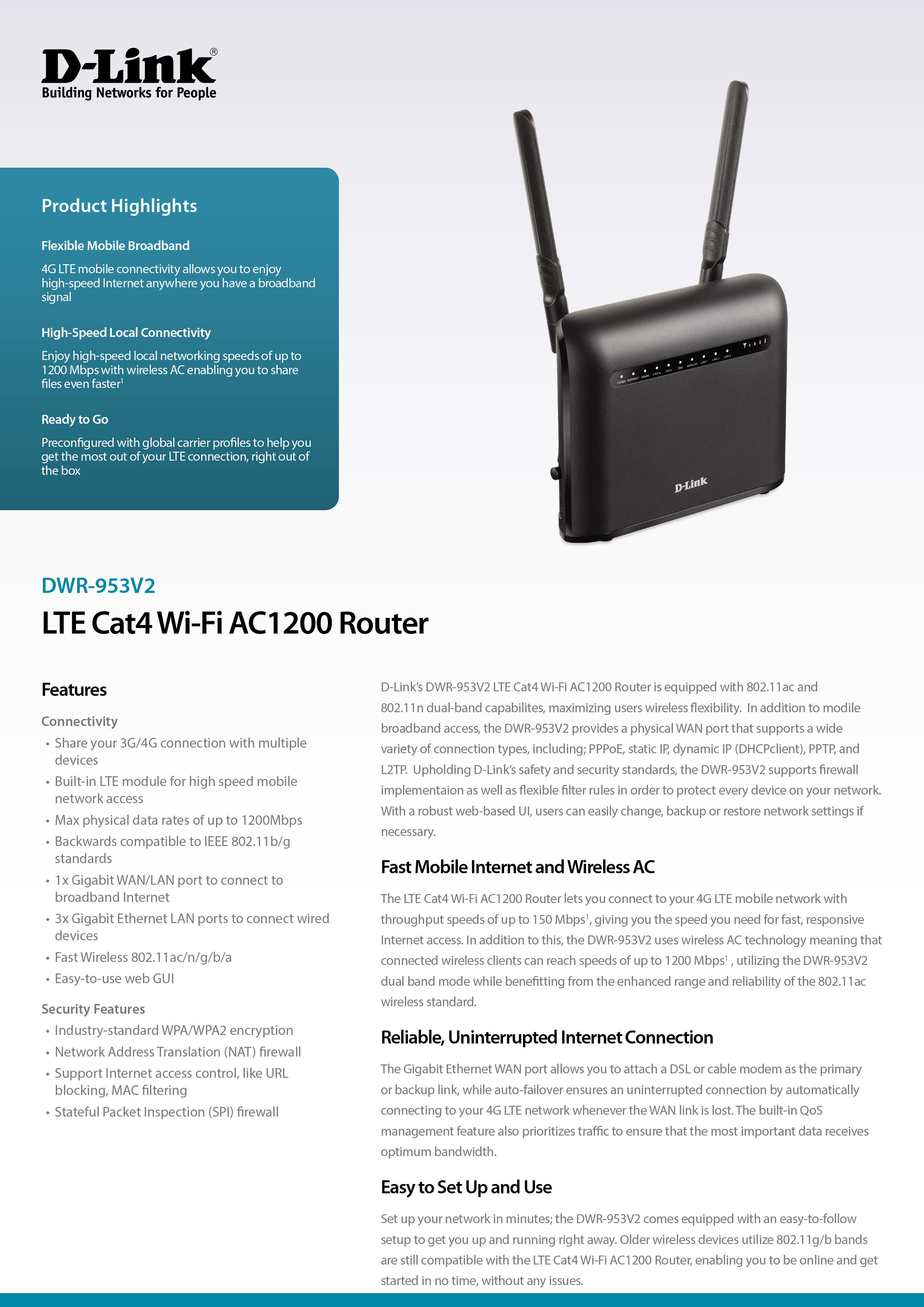 D-LINK DWR-953v2 : LTE Cat4 WiFi AC1200 Router BY BILLIONAIRE SECURETECH DWR-953v2