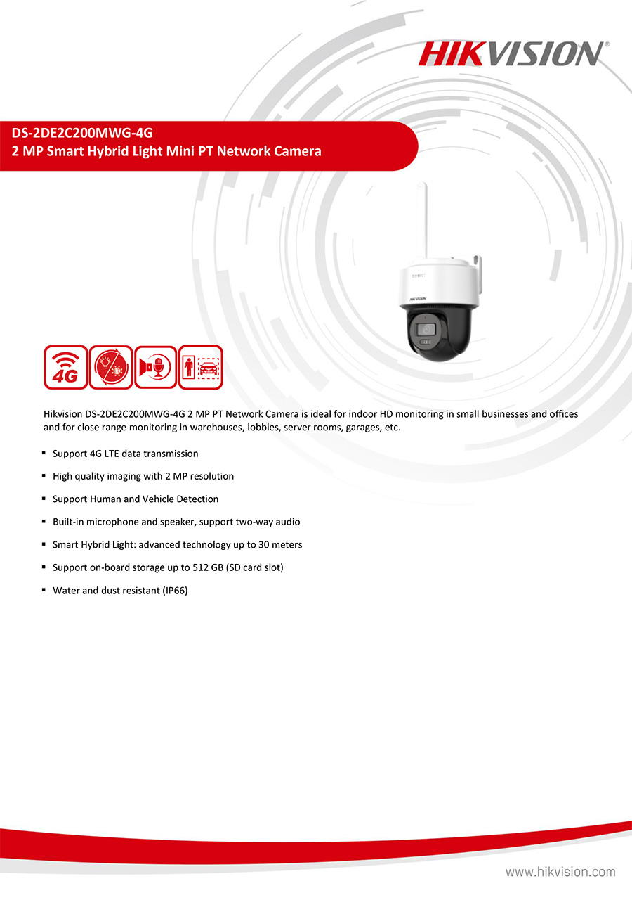 HIKVISION DS-2DE2C200MWG-4G กล้องวงจรปิด 4G ใส่ซิม 2MP Smart Hybrid Light Colorvu มีไมค์และลำโพงในตัว PAN/TILT ได้ BY BILLIONAIRE SECURETECH DS-2DE2C200MWG-4G