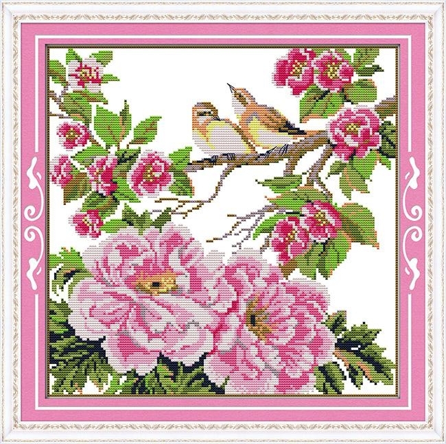 bird-1060 *สินค้าหมด* ชุดปักครอสติช ลายนกน้อยกับดอกไม้ ขนาด 44*44 ซม.ผ้าครอสติช 11CTพิมพ์ลายปักบนผ้า ไหมคอตตอน 14 สี ผังลาย เข็ม