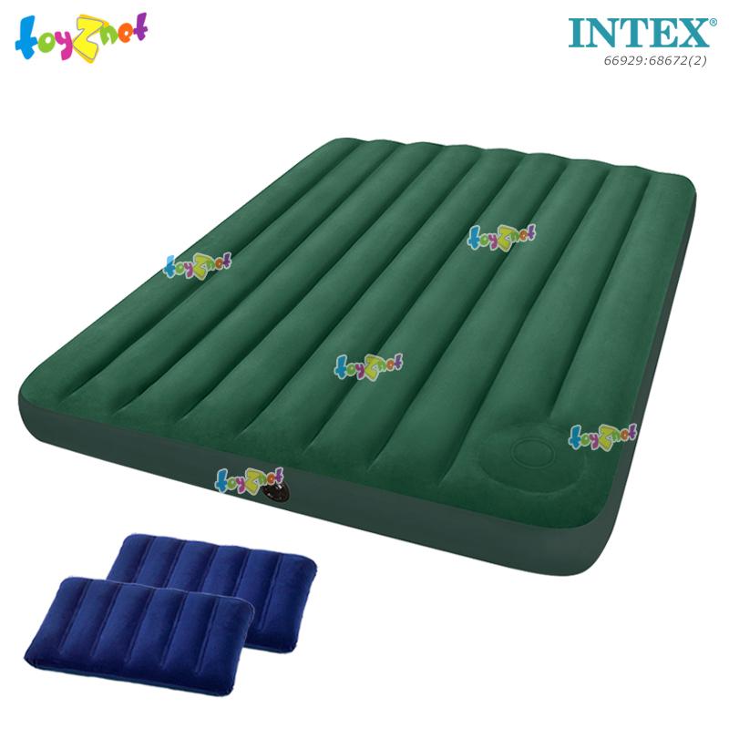 Intex Camping Airbed 5ft (Queen) 1.52x2.03x0.22 m w/Built-in Foot Pump no.66929 + 2 Pillows