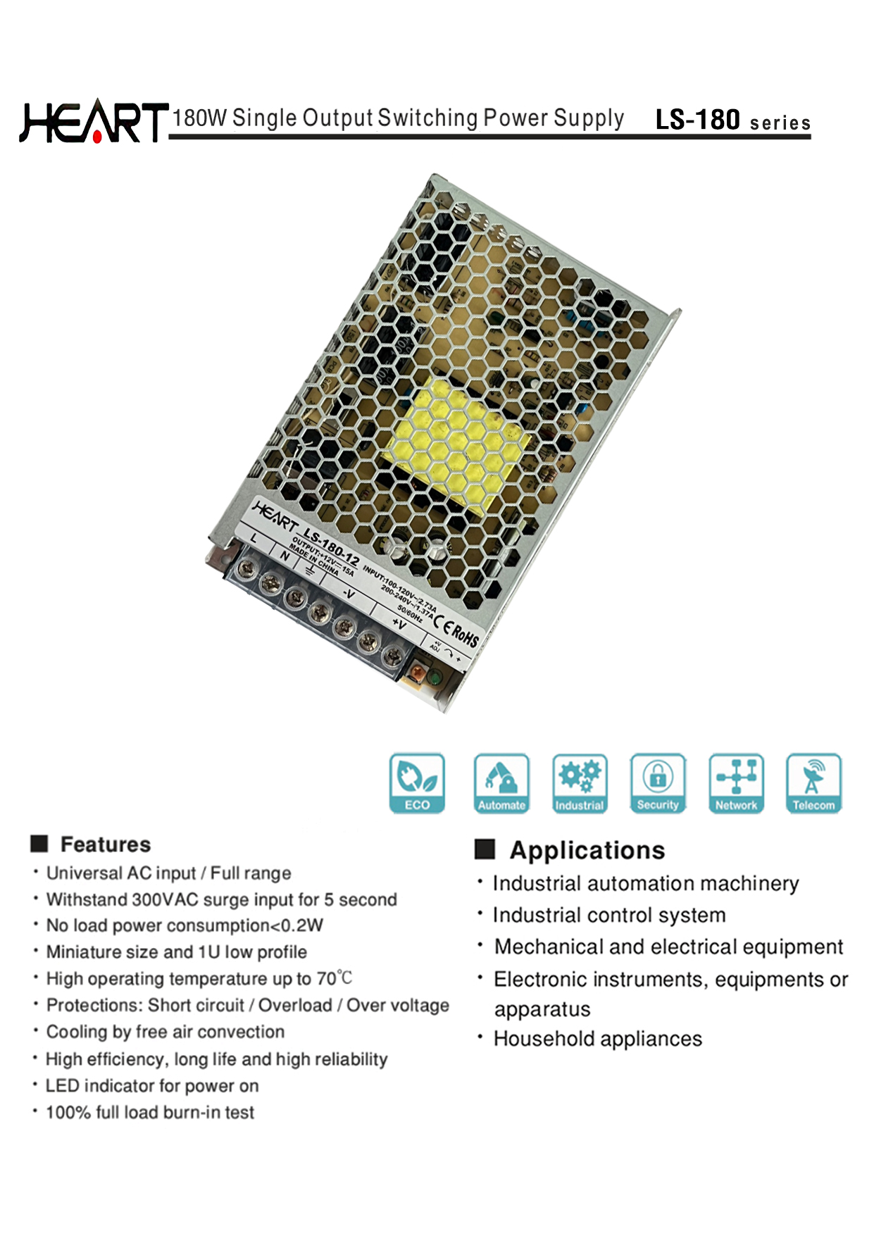HEART LS-180-12 Switching Power Supply 12V 15A BY BILLIONAIRE SECURETECH LS-180-12