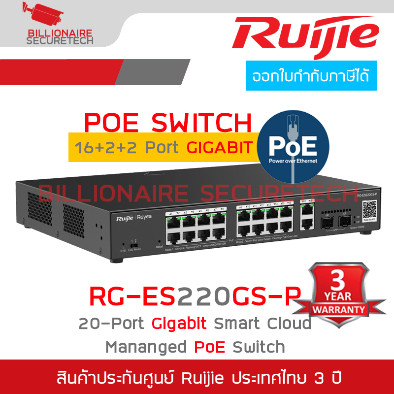 RUIJIE RG-ES220GS-P 20-Port Cloud POE+ Switch, 16 Gigabit PoE+ ports, 2 RJ45 Port, 2 SFP, 250W BY BILLIONAIRE SECURETECH RG-ES220GS-P