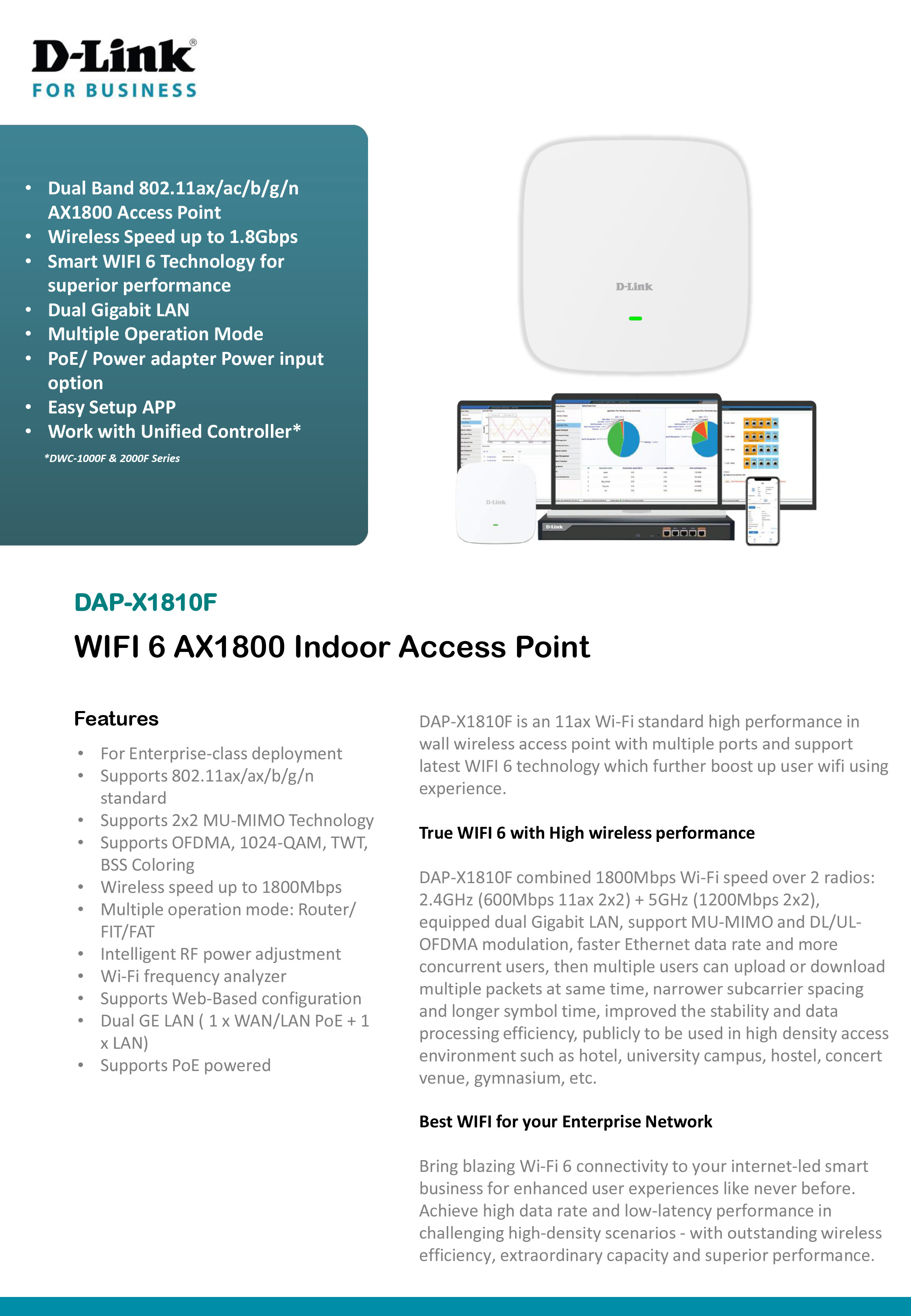 D-LINK DAP-X1810F : Unified Wireless AX1800 WIFI 6 Access Point BY BILLIONAIRE SECURETECH DAP-X1810F