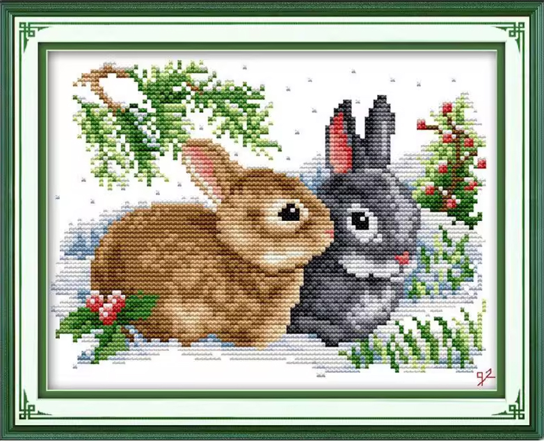 rabbit-1005 *พร้อมส่ง* ชุดปักครอสติช ลายกระต่ายคู่ (ไม่มีเดินเส้น ผ้า11CTพิมพ์ลาย ปัก 3 เส้นเล็ก) ขนาด 30*24 ซม.ผ้าครอสติช 11CTพิมพ์ลายปักบนผ้า ไหมคอตตอน 23 สี ผังลาย เข็ม