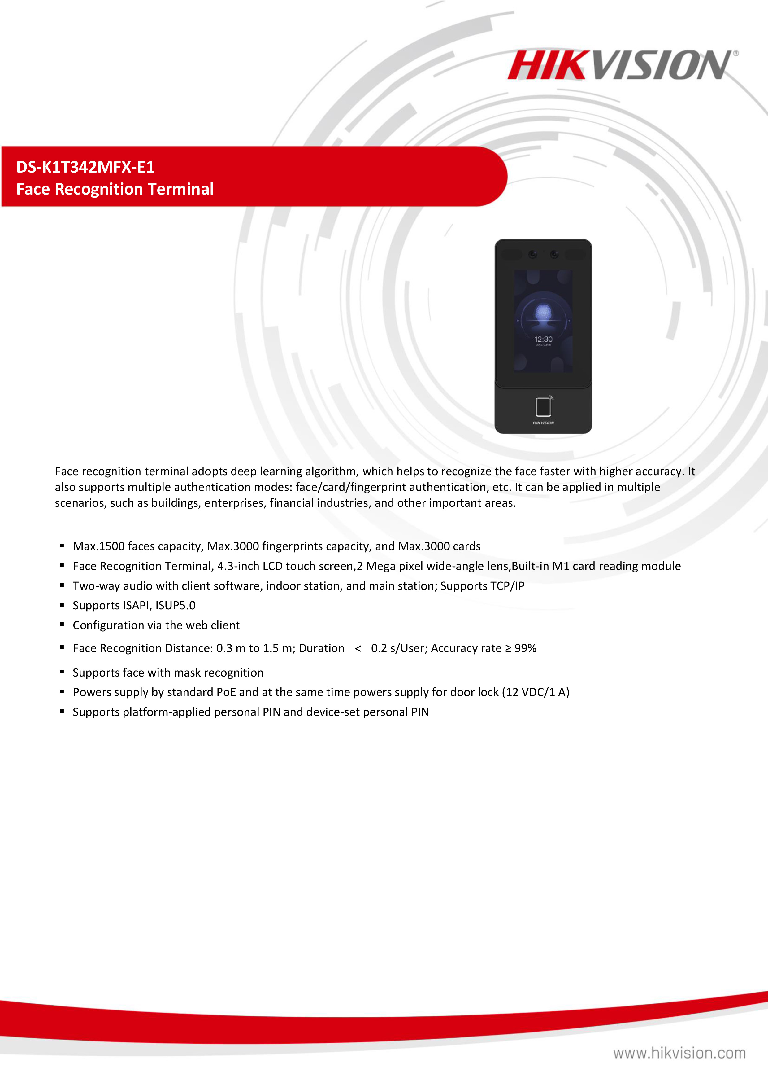HIKVISION DS-K1T342MFX-E1 เครื่องสแกนใบหน้า Face Access Terminal หน้าจอ 4.3" 1500 faces, 3000 fingerprints, 3000 cards BY BILLIONAIRE SECURETECH DS-K1T342MFX-E1