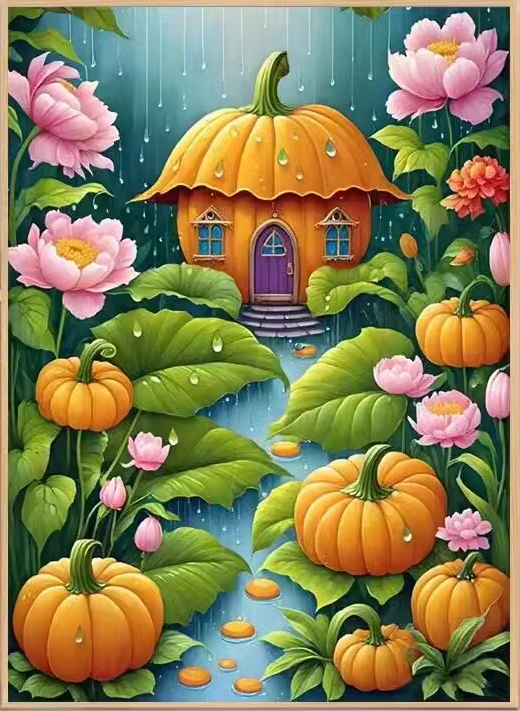 home-1023 *สินค้าหมด* ชุดปักครอสติช ลายบ้านฟักทอง (ปักเต็มผืนผ้า ไม่มีเดินเส้น ผ้า9CTพิมพ์ลาย ปัก 4 เส้นเล็ก) ขนาด 65*85 ซม.ผ้าครอสติช 9CTพิมพ์ลายปักบนผ้า ไหมคอตตอน 45 สี ผังลาย เข็ม