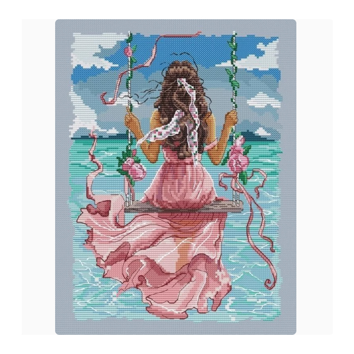 lady-1127 *สินค้าหมด* ชุดปักครอสติช ลายชิงช้าริมทะเล (ผ้า14CTพิมพ์ลาย ปัก 2 เส้นเล็ก) ขนาด 27*34 ซม.ผ้าครอสติช 14CTพิมพ์ลายปักบนผ้า ไหมคอตตอน 41 สี ผังลาย เข็ม