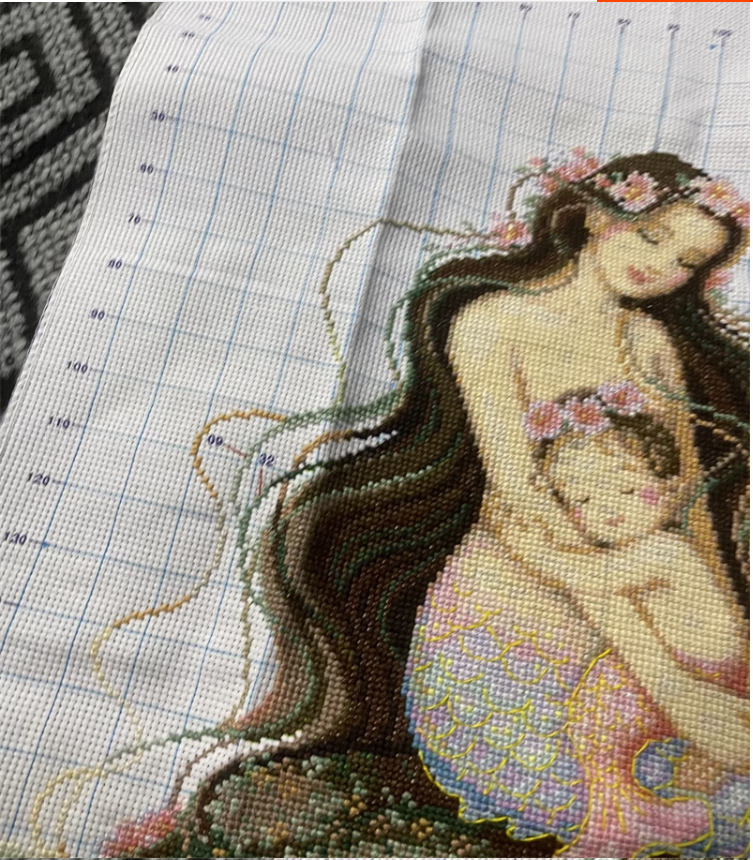 lady-1111 *สินค้าหมด* ชุดปักครอสติช ลายคุณแม่นางเงือก (ผ้า11CTพิมพ์ลาย ปักครั้งละ 3 เส้นเล็ก) ขนาด 50*65 ซม. ผ้าครอสติช 11CTพิมพ์ลายปักบนผ้า ไหมคอตตอน 34 สี ผังลาย เข็ม