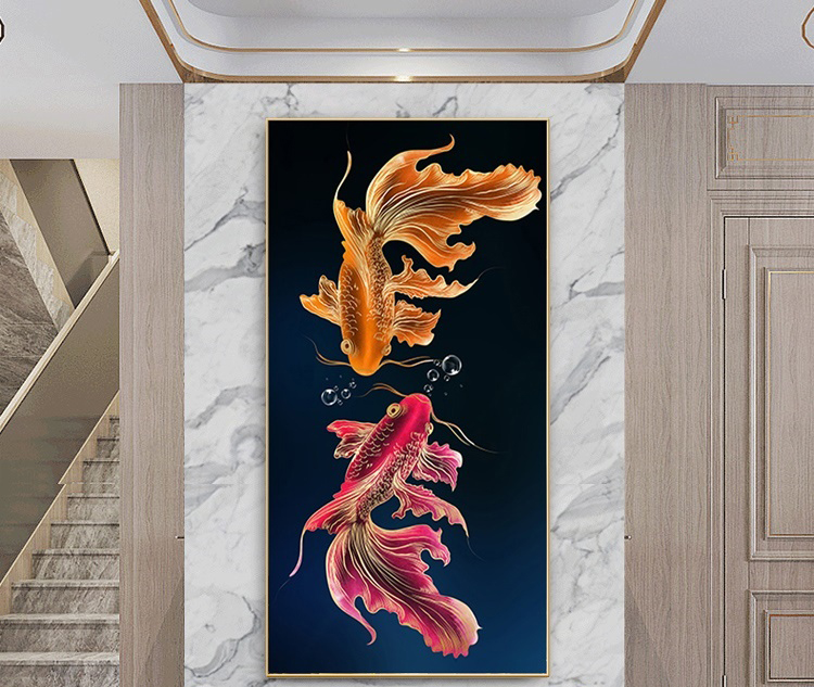 pla-1138 *สินค้าหมด* ชุดปักครอสติช ลายคู่ปลาทองแดงส้ม (ปักเต็มผืนผ้า ไม่มีเดินเส้น ผ้า11CTพิมพ์ลาย ปัก 3 เส้นเล็ก) ขนาด 50*90 ซม.ผ้าครอสติช 11CTพิมพ์ลายปักบนผ้า ไหมคอตตอน 27 สี ผังลาย เข็ม