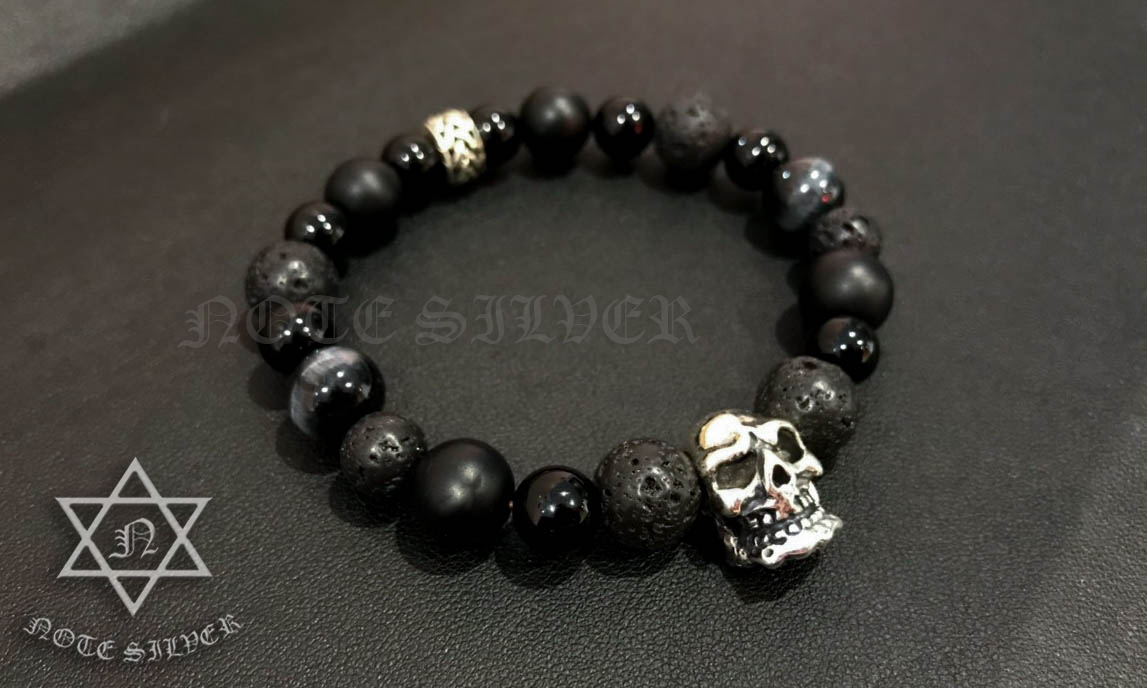 สร้อยข้อมือนิล ลาวา ไทเกอร์อายส์ Beads Skulls Sterling Silver 925 NSBL2162