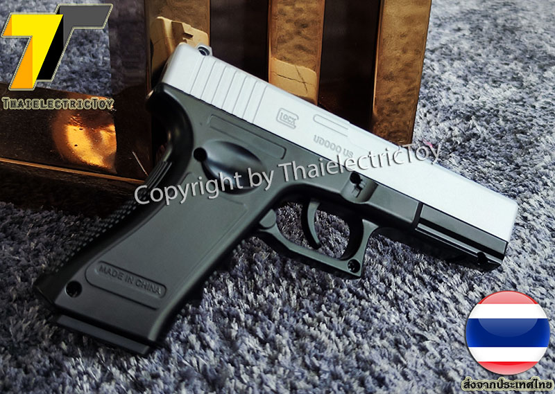 ปืนอัดลมเหล็ก Glock 18 ขนาดเล็ก สีทูโทน ชักยิงทีล่ะนัด ลำกล้องยาว 6 นิ้ว หนัก 307 กรัม ใช้ลูกกระสุนพลาสติก 6 มิล