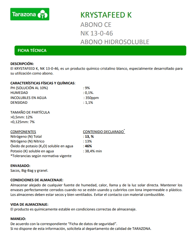 KRYSTAFEED K ปุ๋ยเกล็ด Potassium Nitrate GG (KNO3) 13-0-46 Tarazona สเปน จีเกรด บรรจุ 25 กิโลกรัม