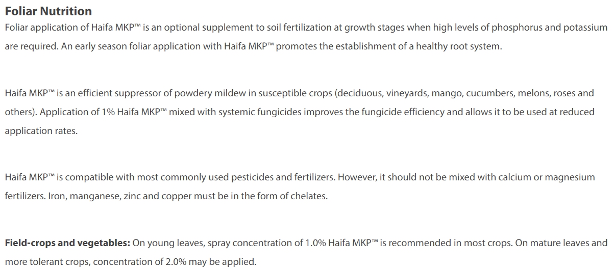 Haifa MKP 0-52-34 KH2PO4 Monopotassium Phosphate ปุ๋ยเกล็ด Haifa MKP จากอิสราเอล บรรจุ 25 กิโลกรัม