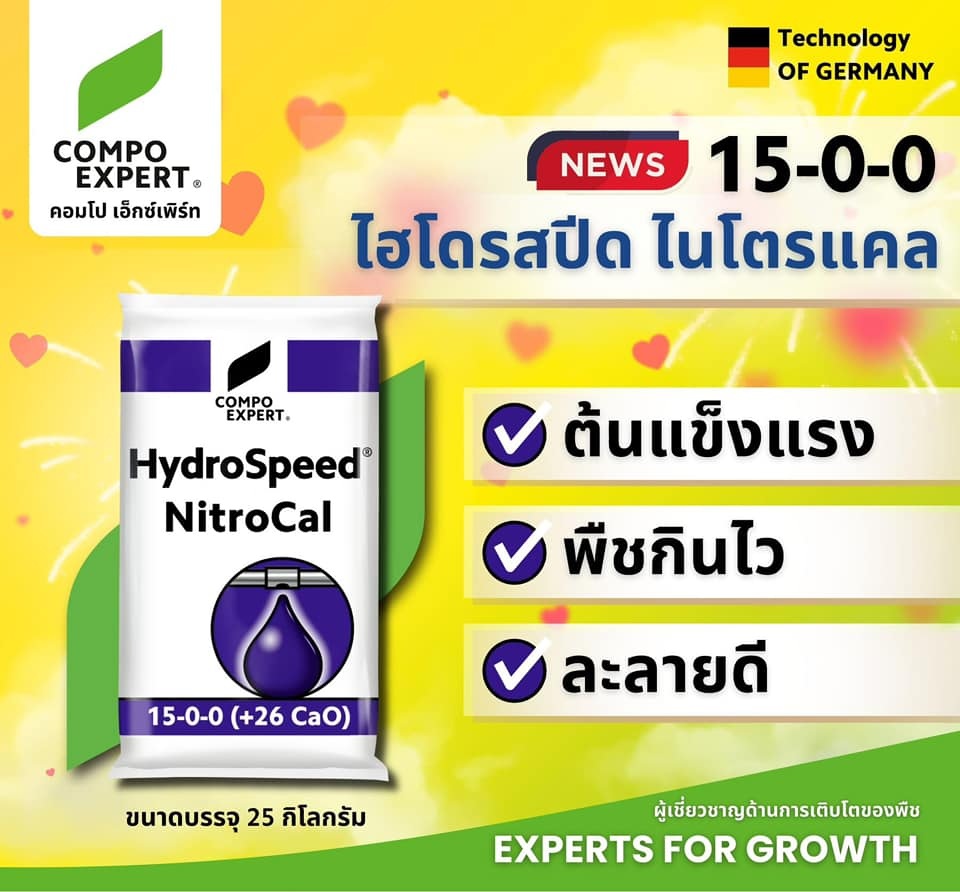 Ca(NO3)2 HydroSpeed NitroCal แคลเซียมไนเตรท คอมโป เอ็กซ์เพิร์ท ไนโตรแคล 15-0-0 +26CaO Calcium Nitrate GG จีเกรด Compo Expert มาตรฐานเยอรมัน บรรจุ 25 กิโลกรัม