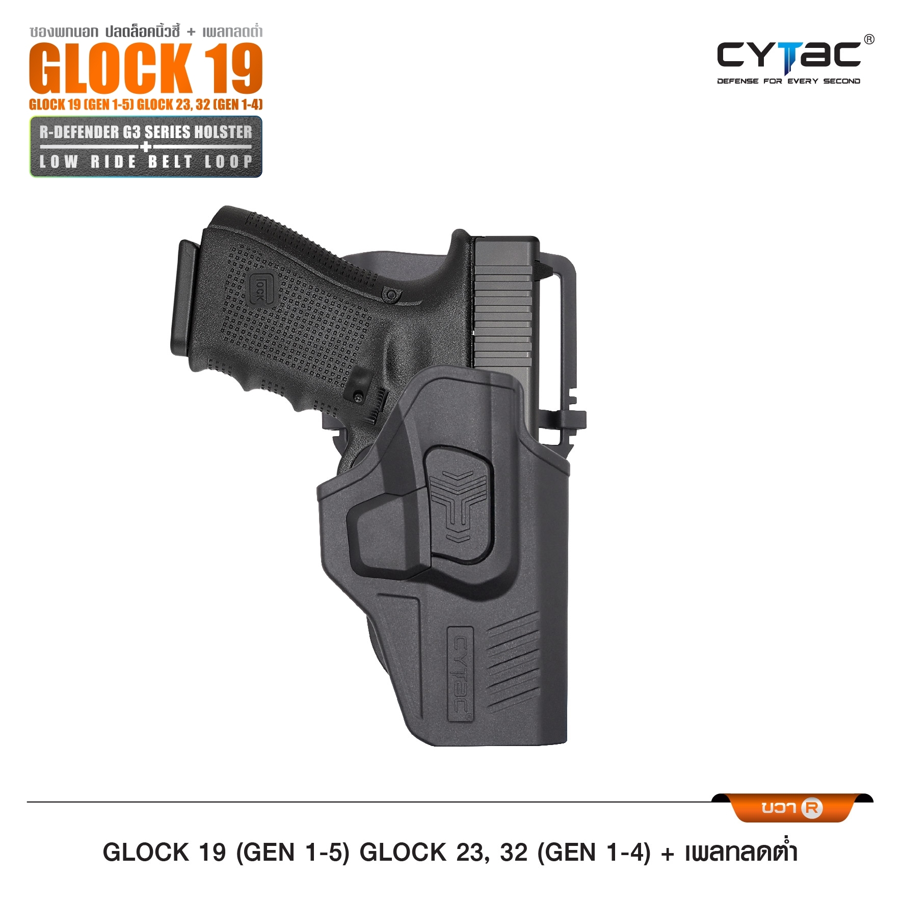 CYTAC ซองพกนอกปลดนิ้วชี้ Glock19 + เพลทลดต่ำ