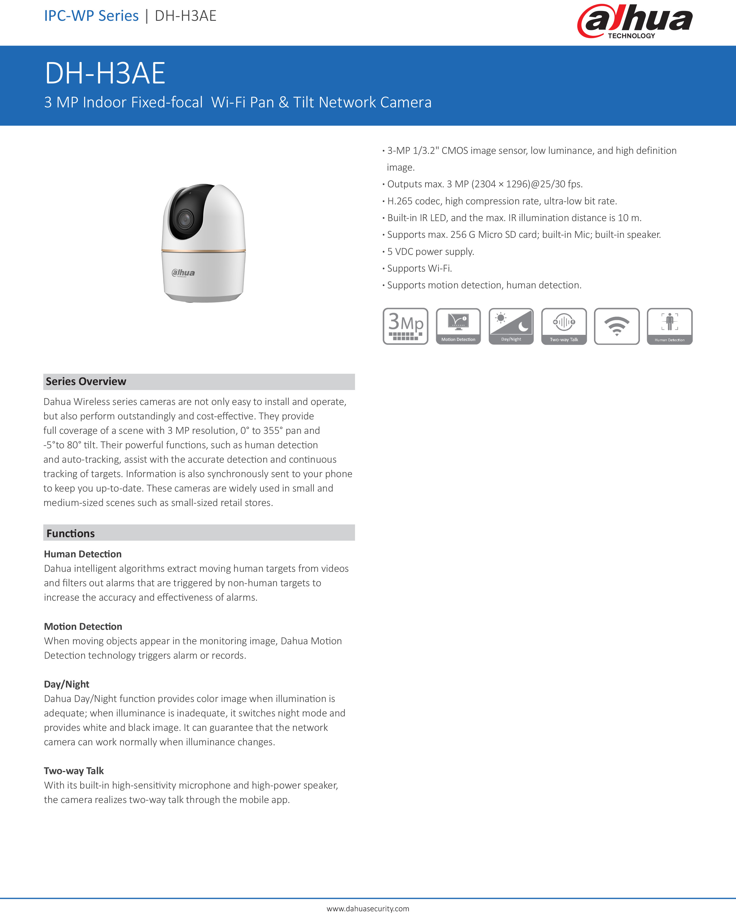 DAHUA DH-H3AE-B ( HERO A1 ) BLACK - สีดำ กล้องวงจรปิดระบบ IP WIFI 3 ล้านพิกเซล มีไมค์และลำโพงในตัว IR 10 M. BY BILLIONAIRE SECURETECH DH-H3AE-B