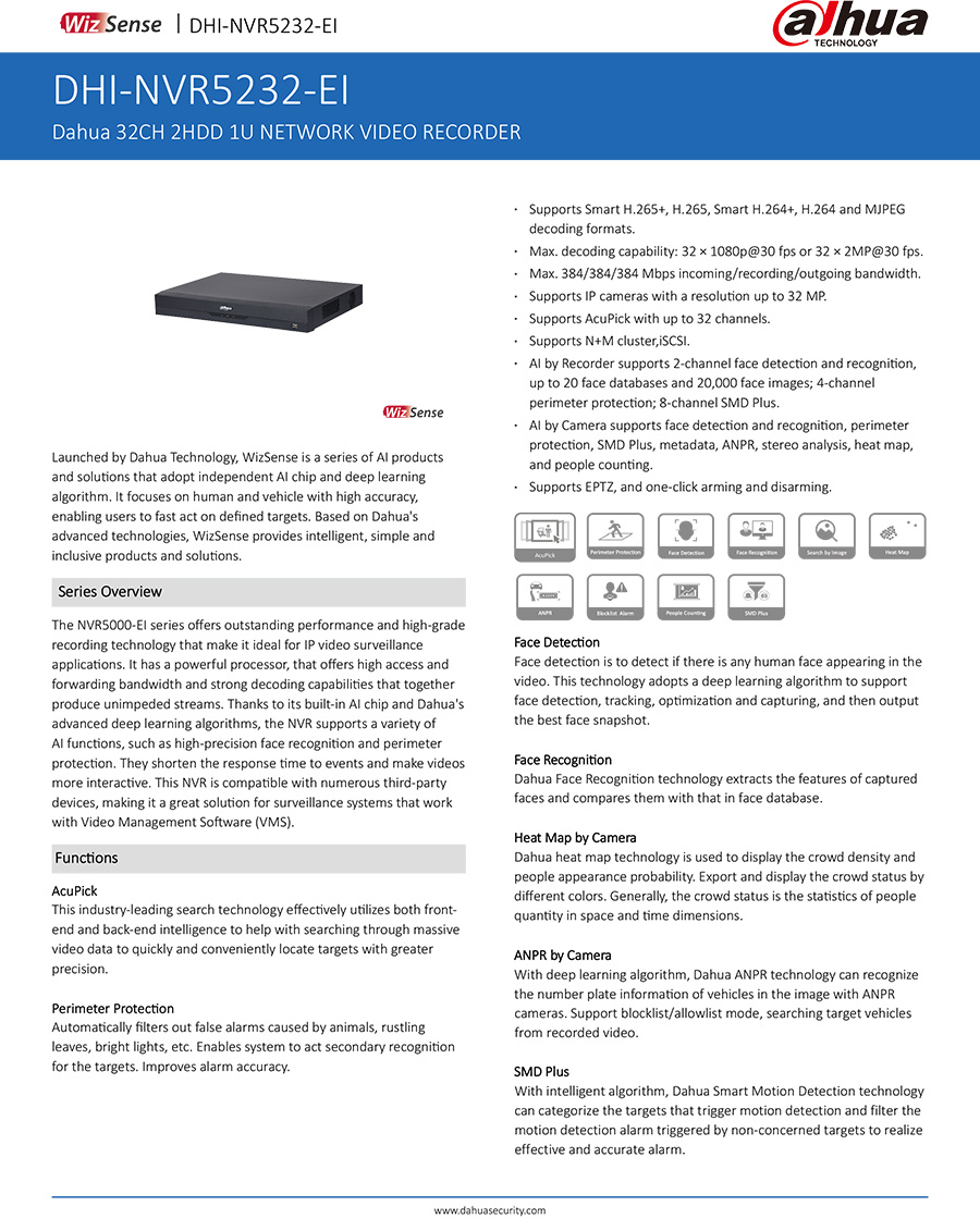 DAHUA NVR5232-EI NVR 32CH 2HDD 1U AcuPick WizSense BY BILLIONAIRE SECURETECH NVR5232-EI