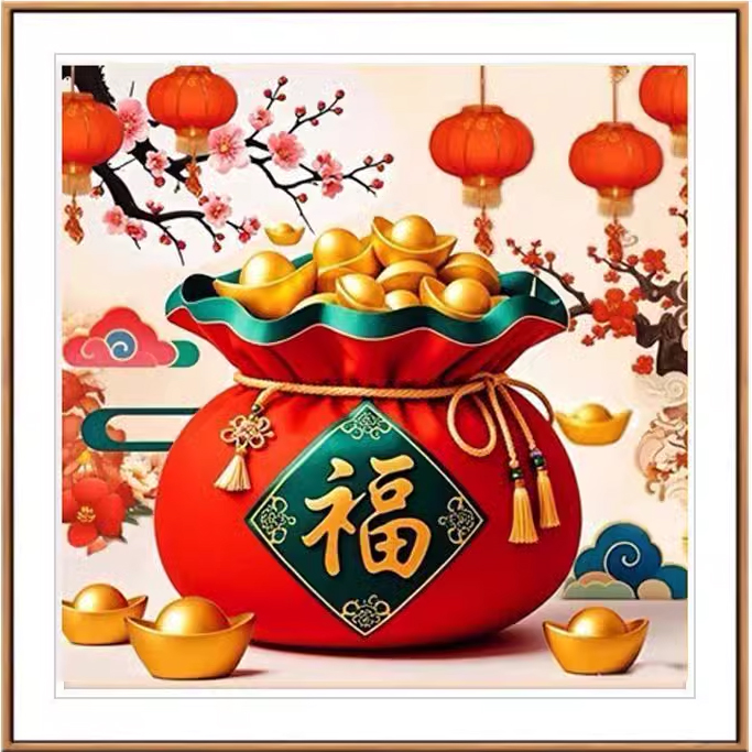 chinese-1003 *สินค้าหมด* ชุดปักครอสติช ลายถุงทองอักษรมงคล โชคดีมีความสุข (ปักเต็มผืนผ้า ไม่มีเดินเส้น ไม่มีผังลาย ผ้า9CTพิมพ์ลาย ปัก 4 เส้นเล็ก) ขนาด 60*60 ซม.ผ้าครอสติช 9CTพิมพ์ลายปักบนผ้า ไหมคอตตอน 16 สี เข็ม