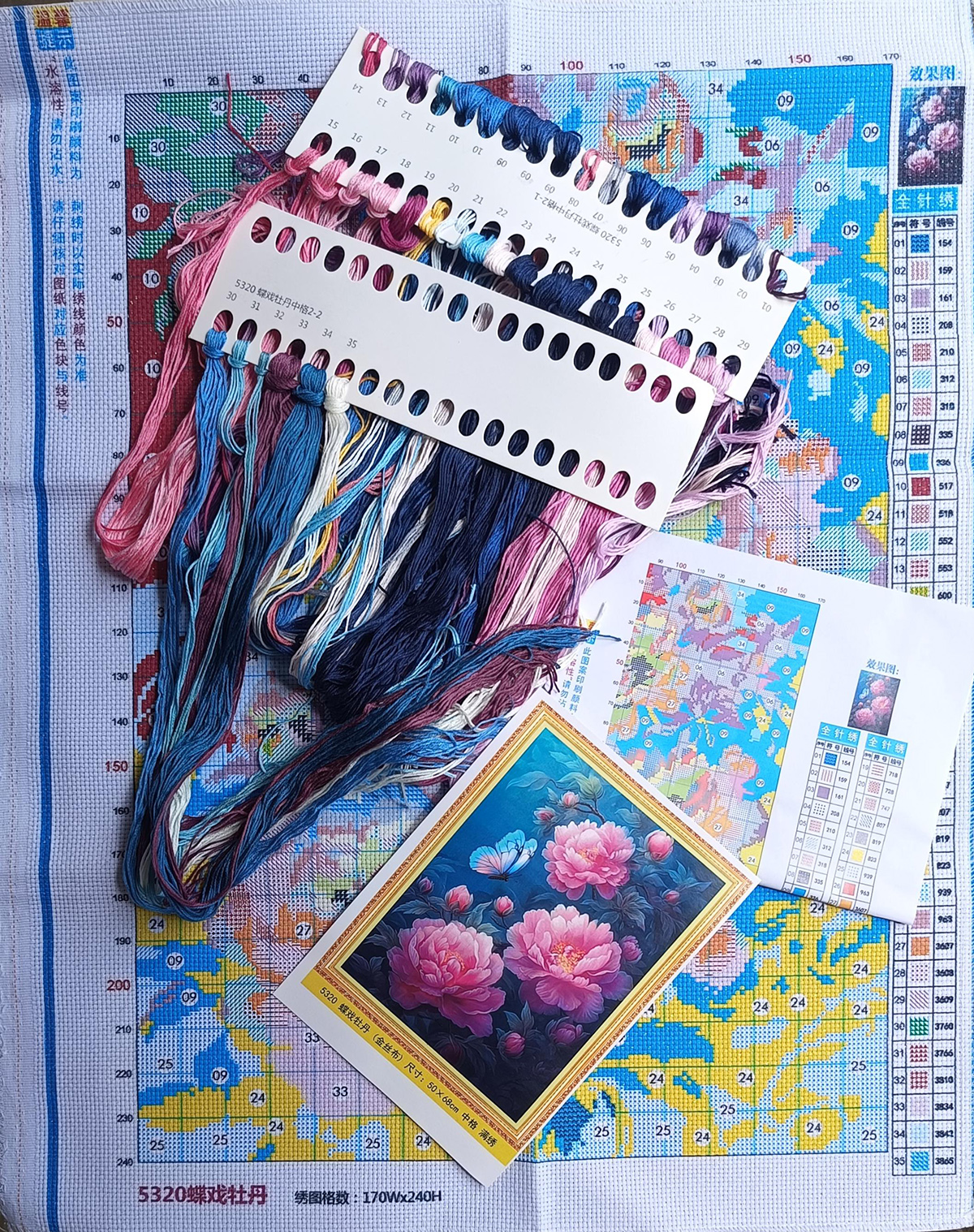 botan-1024 *พร้อมส่ง* ชุดปักครอสติช ลายผีเสื้อกับโบตั๋น (ปักเต็มผืนผ้า ไม่มีเดินเส้น ผ้า11CTพิมพ์ลาย ปัก 3 เส้นเล็ก) ขนาด 50*68 ซม.ผ้าครอสติช 11CTพิมพ์ลายปักบนผ้า ไหมคอตตอน 35 สี ผังลาย เข็ม