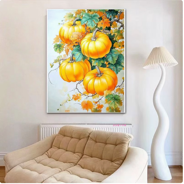 pumpkin-1001 *สินค้าหมด* ชุดปักครอสติช ลายช่อฟักทอง (ปักเต็มผืนผ้า ไม่มีเดินเส้น ผ้า9CTพิมพ์ลาย ปัก 4 เส้นเล็ก) ขนาด 60*80 ซม.ผ้าครอสติช 9CTพิมพ์ลายปักบนผ้า ไหมคอตตอน 31 สี ผังลาย เข็ม