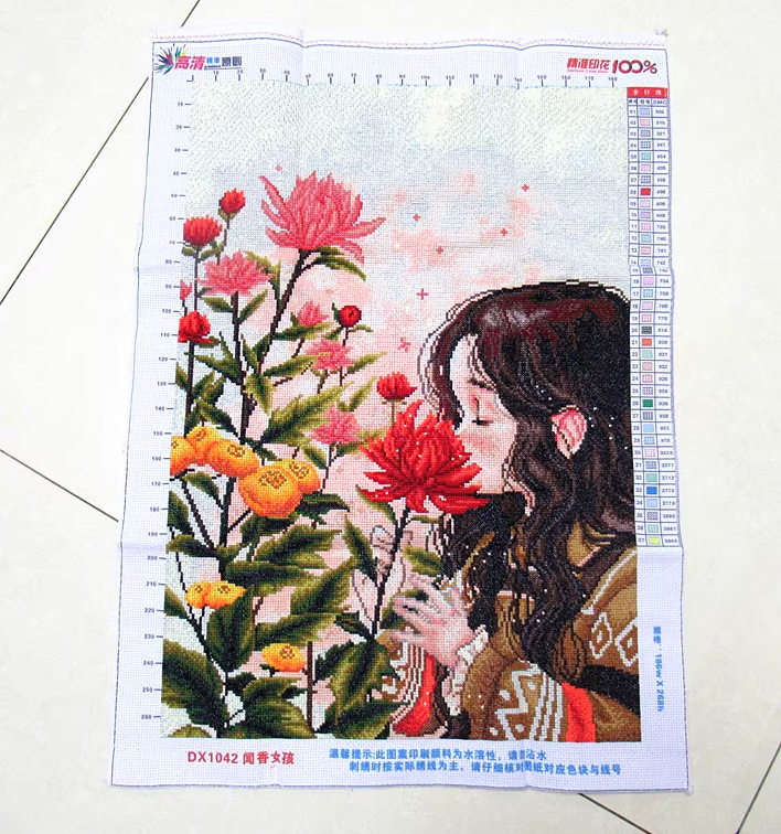girl-1101 *สินค้าหมด* ชุดปักครอสติช ลายสาวน้อยกับดอกไม้ (ปักเต็มผืนผ้า ไม่มีเดินเส้น ผ้า11CTพิมพ์ลาย ปัก 3 เส้นเล็ก) ขนาด 53*72 ซม.ผ้าครอสติช 11CTพิมพ์ลายปักบนผ้า ไหมคอตตอน 37 สี ผังลาย เข็ม