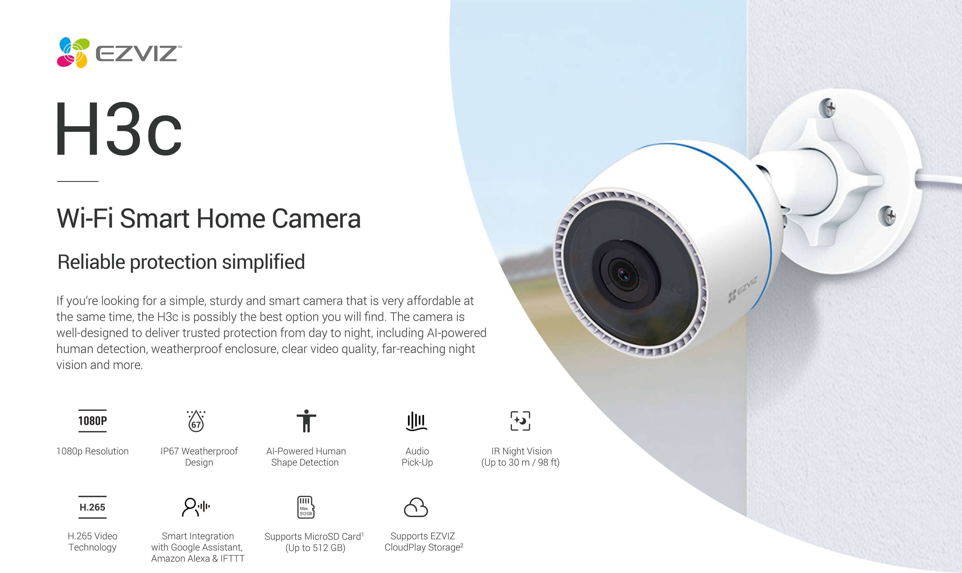 EZVIZ H3c กล้องวงจรปิดระบบ IP WIFI ความละเอียด 2 ล้านพิกเซล มีไมค์ในตัว IR 30 M. ติดตั้งภายนอกได้ BY BILLIONAIRE SECURETECH EZVIZ H3c