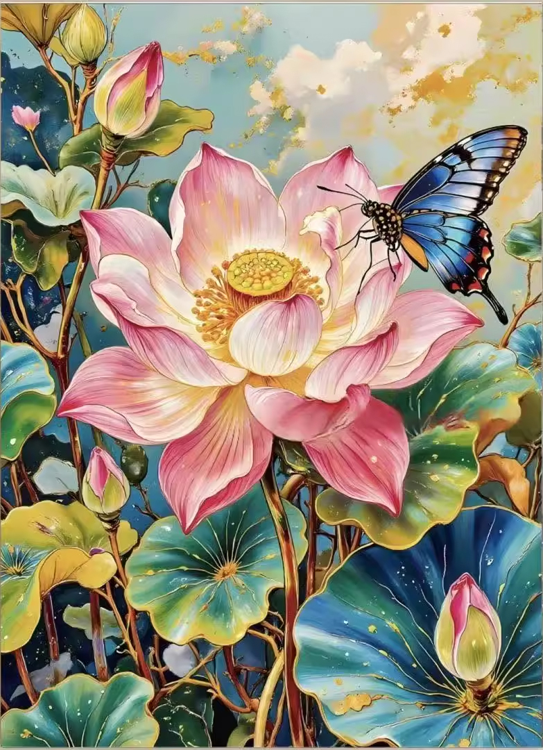 bua-1020 *พร้อมส่ง* ชุดปักครอสติช ลายผีเสื้อกับดอกบัว (ปักเต็มผืนผ้า ไม่มีเดินเส้น ผ้า9CTพิมพ์ลาย ปัก 4 เส้นเล็ก) ขนาด 60*80 ซม.ผ้าครอสติช 9CTพิมพ์ลายปักบนผ้า ไหมคอตตอน 37 สี ผังลาย เข็ม