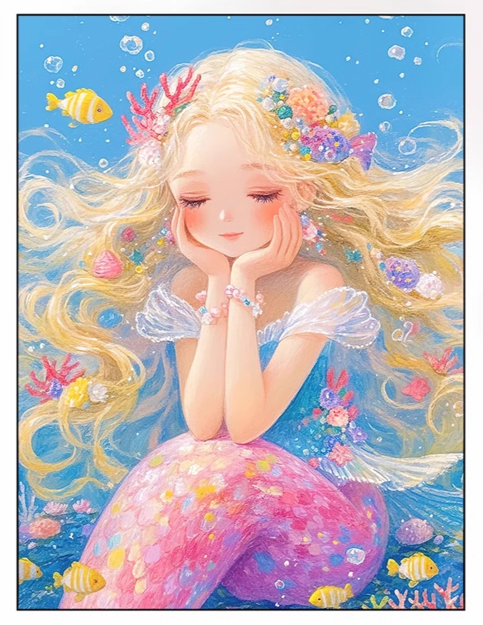 lady-1001 *สินค้าหมด* ชุดปักครอสติช ลายสาวน้อยนางเงือก (ปักเต็มผืนผ้า ไม่มีเดินเส้น ผ้า9CT พิมพ์ลาย มีประกาย ปัก 4 เส้นเล็ก) ขนาด 60*80 ซม.ผ้าครอสติช 9CTพิมพ์ลายปักบนผ้า ไหมคอตตอน 47 สี ผังลาย เข็ม